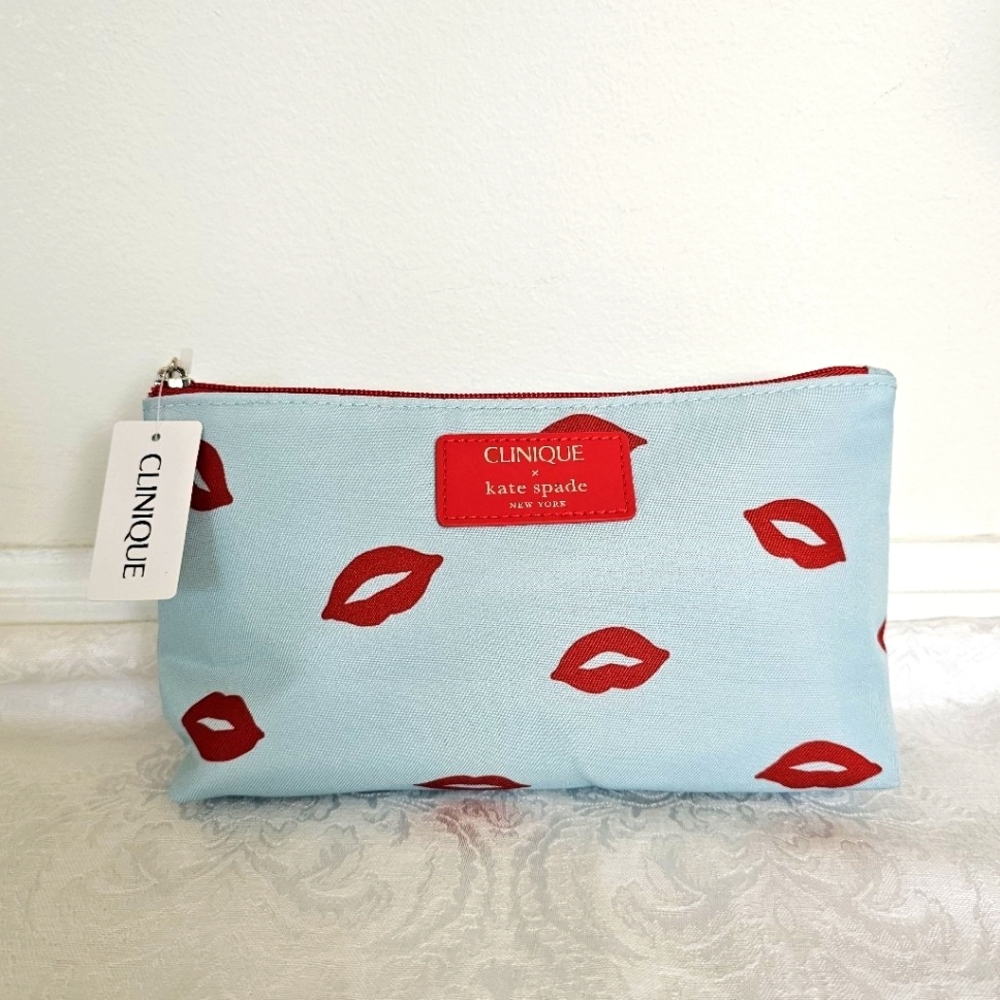Kate Spade Clinique Blue and Red Lip Print Pouch- Brand New!